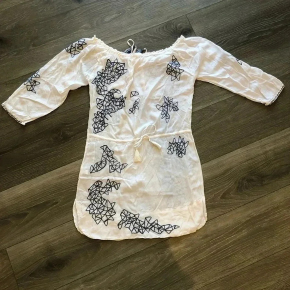 Poupette St Barth Blue White Embroidered Off Shoulder Mini Dress Size Small - Picture 13 of 14